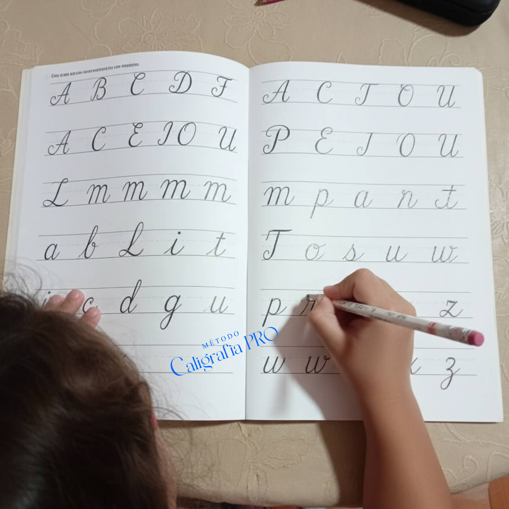 Mae e filho praticando caligrafia juntos